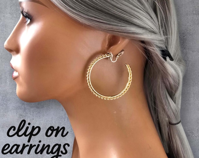 2" Gold Tone Twisted Edge C Shape Clip-On Hoop Earrings – Large Statement Hoops for Non-Pierced Ears – Big Bold Clip On Earrings
