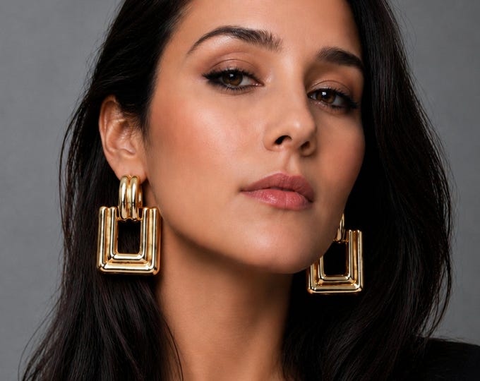 Gold Tone Geometric Clip On Earrings – Chunky Square Statement Earrings - 2.1" - 5.5cm