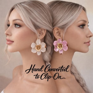Large Flower Clip-On Earrings – Gold Tone & Enamel Floral Vintage Style Statement Studs  – Hot Pink, Pink or White Options