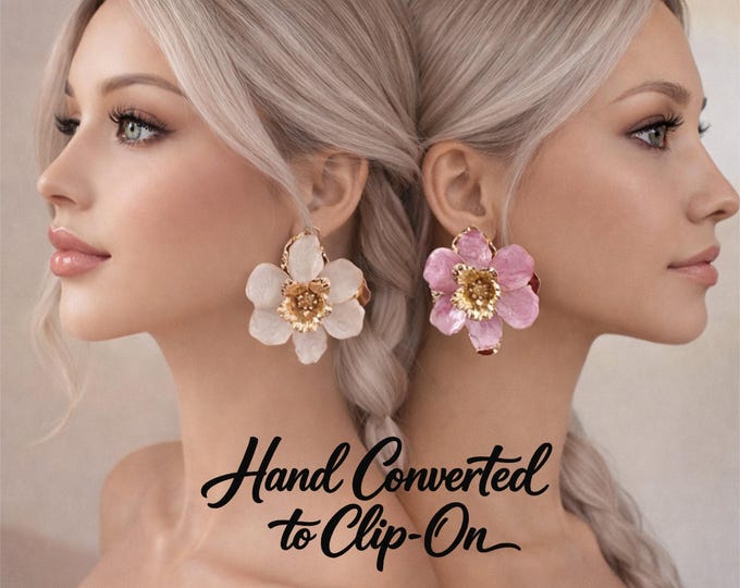 Large Flower Clip-On Earrings – Gold Tone & Enamel Floral Vintage Style Statement Studs  – Hot Pink, Pink or White Options