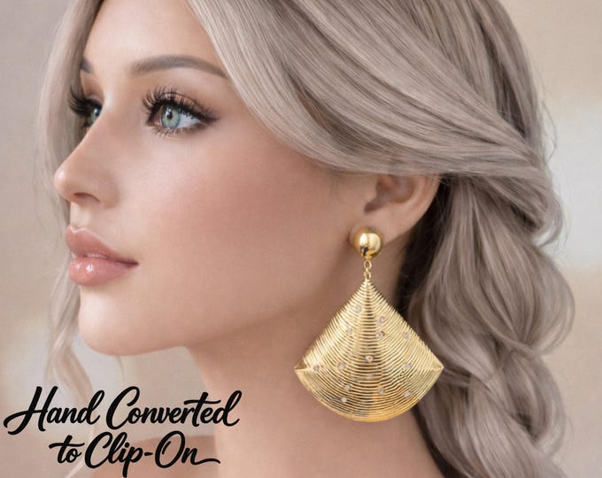 Large Gold Tone Fan Statement Earrings – 3.25” Drop – Oversized Textured Rhinestone Dangle Earrings