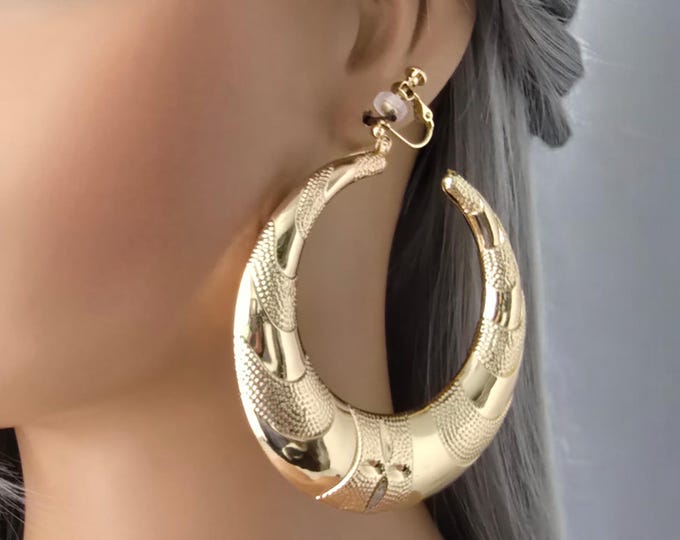 1 pair gold tone CLIP ON hoop earrings - 3.25" big chunky puffed up C style hoop earrings - big chunky thick patterned hoops