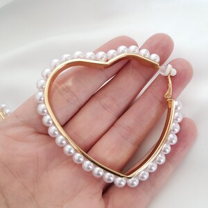 Clip on hoop earrings 3 gold tone & faux pearl bead HEART SHAPE clip on hoop earrings for non pierced ear's image 3