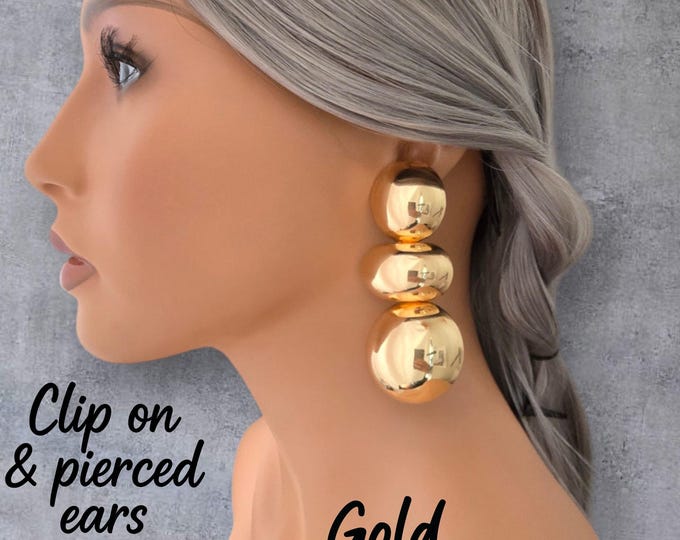 Gold or Silver Tone Clip-On Statement Earrings – Big 3.5" Chunky Bold Fashion Drops
