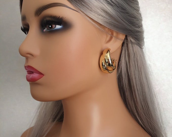 1 pair of 1.35" chunky wide plain shiny DOUBLE square tube round hoop earrings - Clip on or pierced, Gold or silver options Extra wide hoops