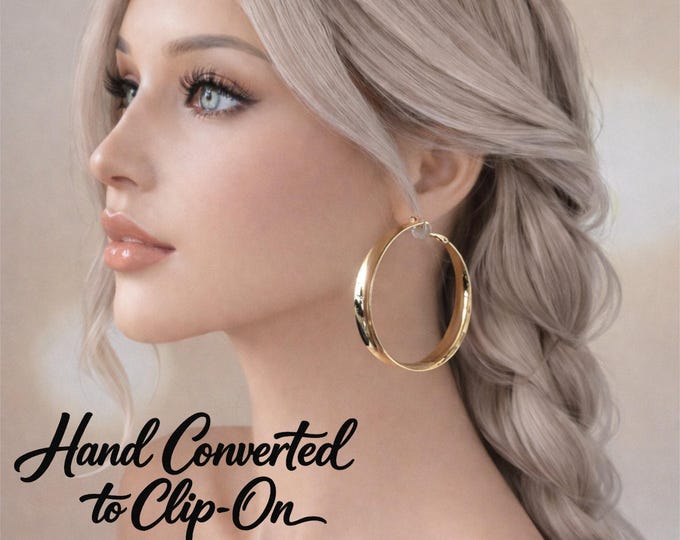 Clip On Hoop Earrings – 18K Gold Plated Sterling Silver Wide Concave Tube Hoops – Non-Pierced