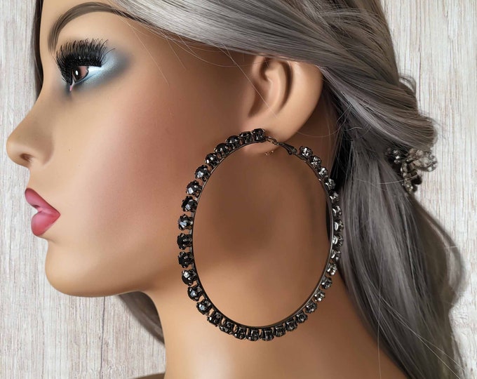 Big Clip on hoop earrings - 3.5" black chunky diamante & Hematite colored BIG hoops - Pierced or clip on for non pierced ears - BIG HOOPS