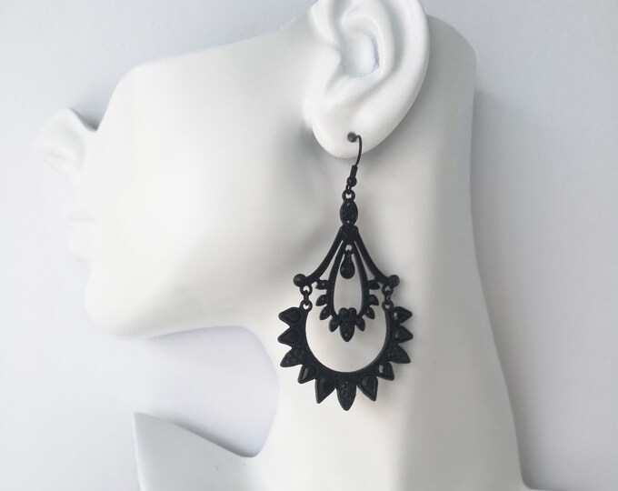 Large Black metal & diamante drop earrings - Clip on / none pierced or pierced options - 2.75" long