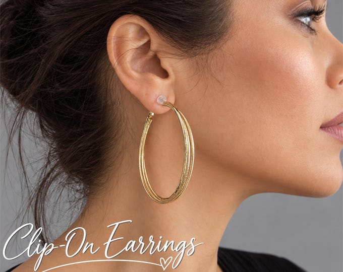 Clip On Gold or Silver Tone Textured Hoop Earrings – Large Triple Hoop Statement Earrings- 2.25" - 6cm
