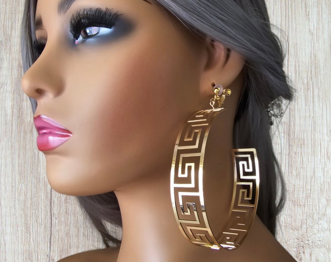 1 pair Gold CLIP ON C shape hoop earrings - 4" gold tone extra wide flat tube cut out design C shape hoops - clip on or pierced option