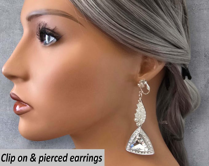 CLIP ON Long Drop Earrings, Sparkly 3” Long Silver Rhinestone Earrings – Beautiful Bridal Statement Drop Earrings for Non Pierced Ears