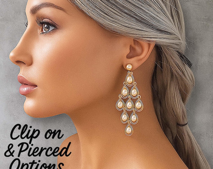 Gold Tone Chandelier Earrings – Faux Pearl Teardrop Clip-On Dangle