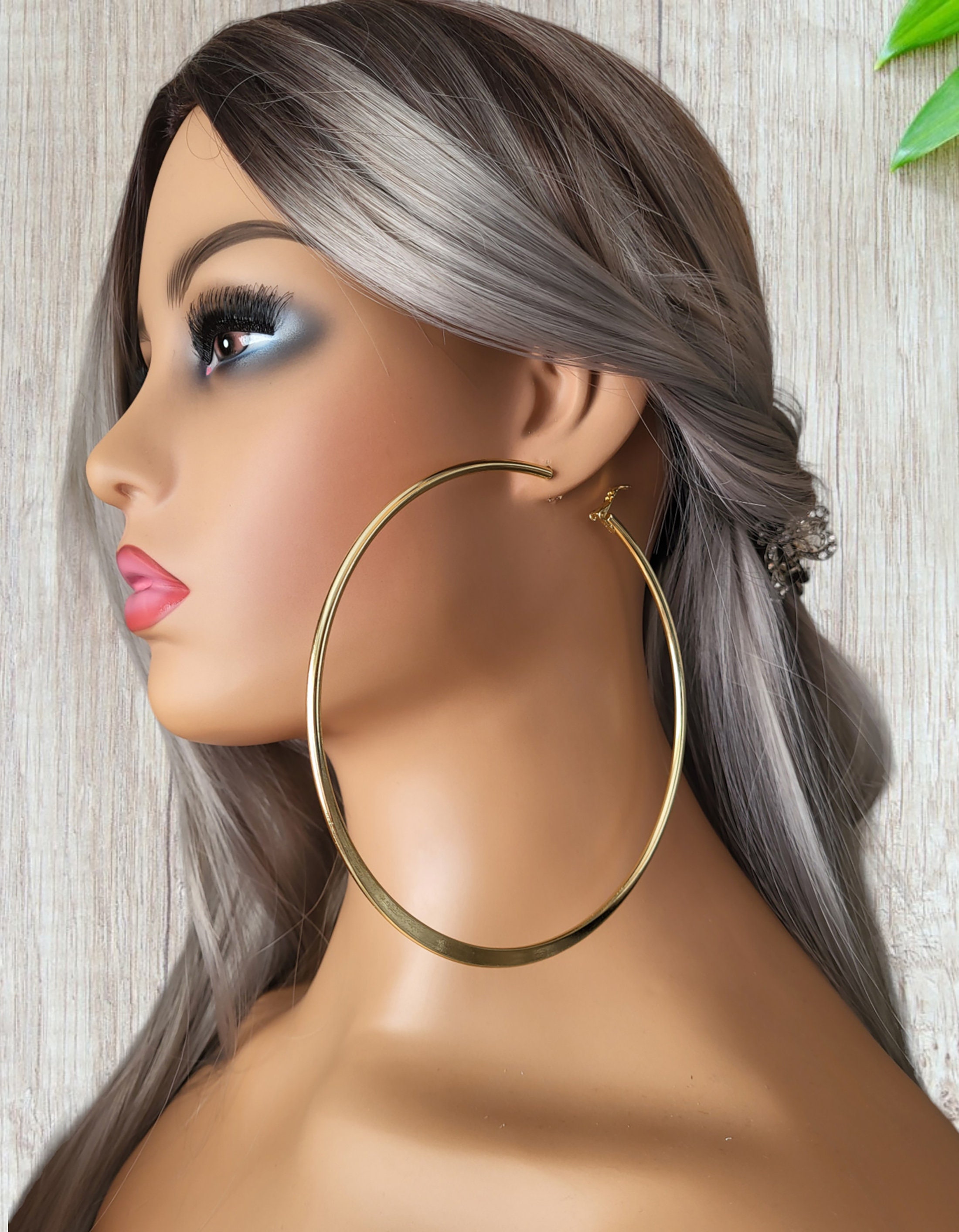 HUGE gold tone CLIP ON hoop earrings 4.75 hoop earrings flat bottom edge clip on or pierced Please be warned these are huge hoops F