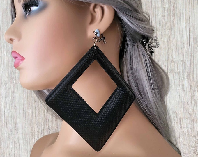 Huge black rhombus flat metal disc drop earrings - Clip on or Pierced options - 6" long - 15cm  - Matt or gloss black options