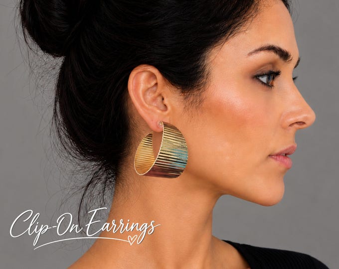 Gold Tone Wide Ribbed Clip On Hoop Earrings – Bold Statement Chunky Hoops – Non Pierced Earrings - 1.75" - 4.5cm