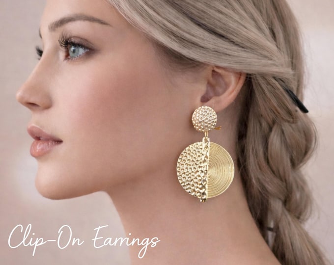 Clip On Earrings,  Gold Tone Textured Disc Drop Earrings, Bold Geometric Earrings, 2.75" - 7.1cm