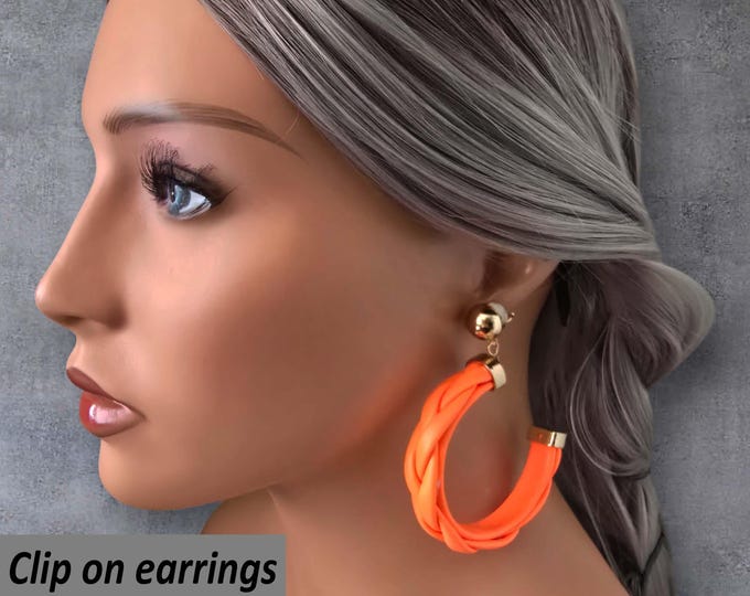 CLIP ON hoop earrings, Big 3.25"  Neon Orange Faux Leather C shape hoop Earrings | Large Chunky Hoop Earrings, Non-Pierced fashion hoops,