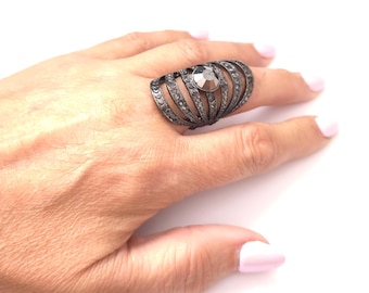 Large Adjustable Oval Design Black - Hematite Tone Rhinestone Ring – Sparkling Cocktail & Party Statement Ring Fashion Jewelry
