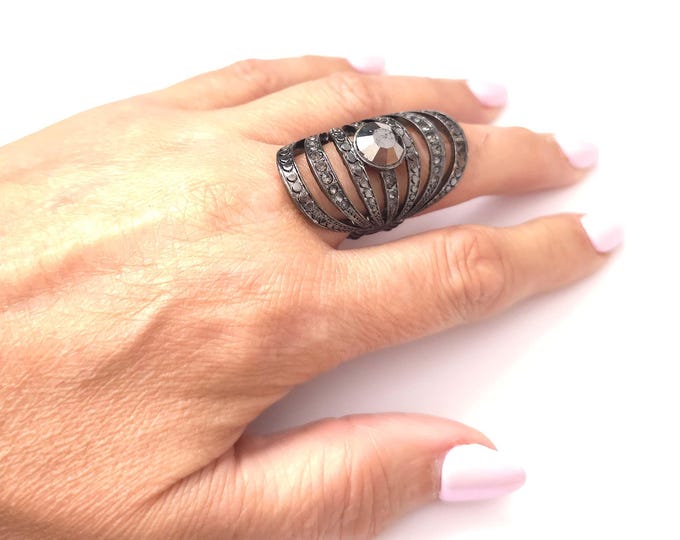 Large Adjustable Oval Design Black - Hematite Tone Rhinestone Ring – Sparkling Cocktail & Party Statement Ring Fashion Jewelry