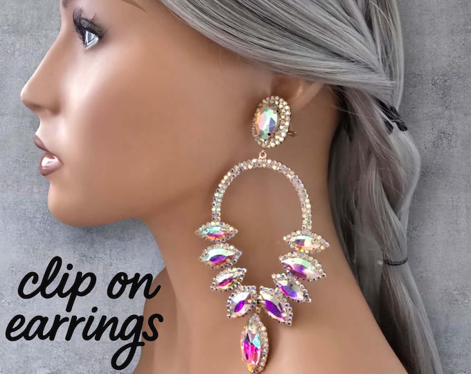 Large AB Crystal Statement Clip-On Earrings | Sparkly Rhinestone Dangle Earrings | Glamorous Gold Chandelier Earrings | Weddings & Parties