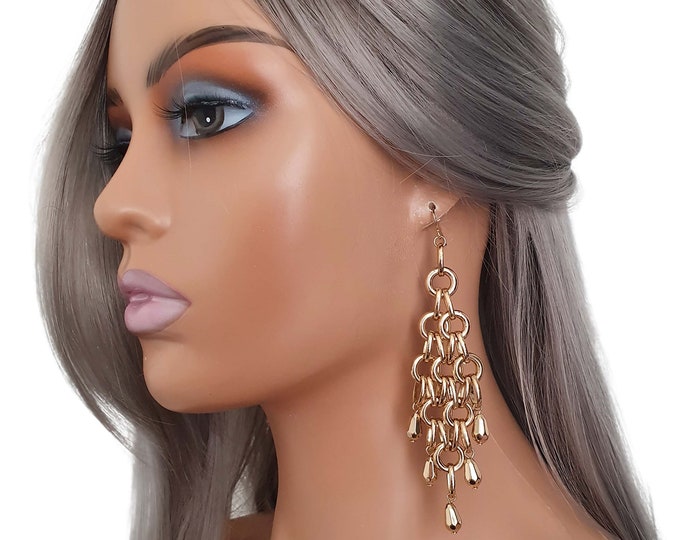 4.5" Long sexy gold tone chunky linked chain & bead chandelier - waterfall style drop earrings - Clip on or pierced options
