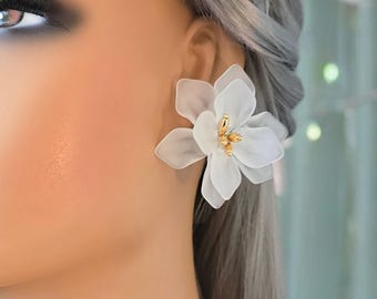 1 pair large acrylic flower design CLIP ON stud earrings - 2.2"  white frosted acrylic 3D flower statement ear studs - non pierced ears