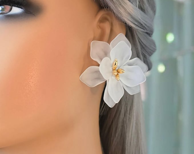 1 pair large acrylic flower design CLIP ON stud earrings - 2.2"  white frosted acrylic 3D flower statement ear studs - non pierced ears