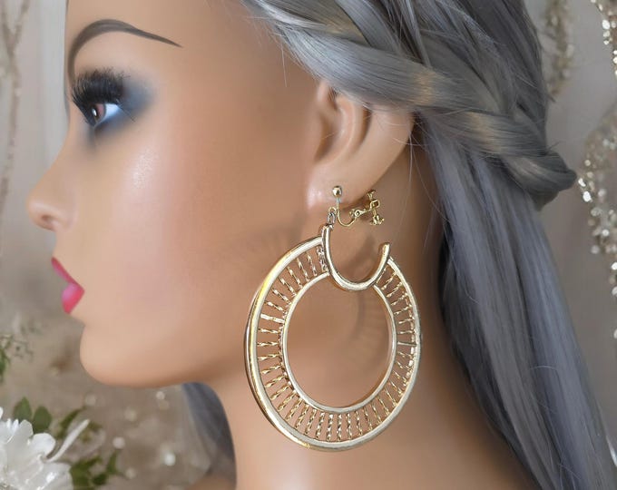 1 pair Gold tone CLIP ON hoop earrings - 3.25" long C design hoop earrings for non pierced ears - Fashion statement hoops - IG earrings,