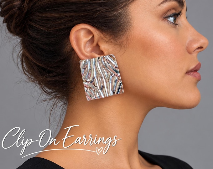 CLIP ON Statement Earrings, Large Silver Square Earrings, Textured Ripple Metal Earrings  2" – 5cm