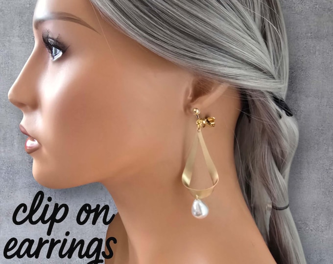 Matte Gold Clip On Earrings with White Teardrop Pearl | Elegant Statement Earrings for Non-Pierced Ears | Modern Geometric Dangle Earrings