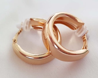 1 pair of chunky wide GOLD or Silver coloured plain CLIP ON  hoop earrings - 1.1" diameter - Thick wide square tube - pierced option  **