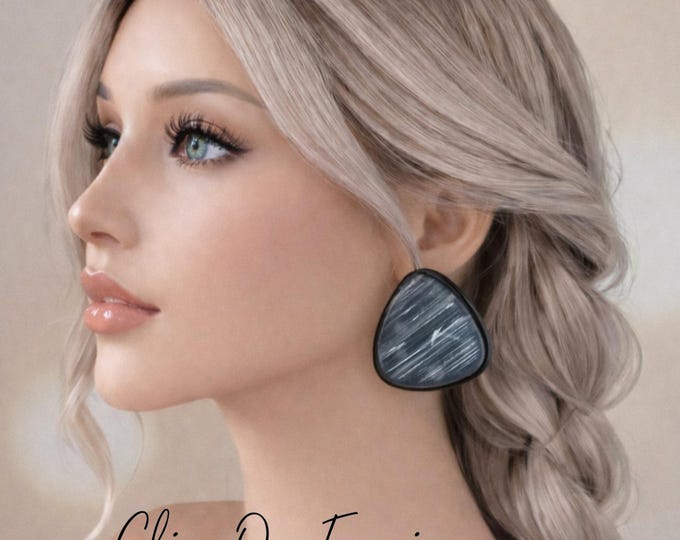 Grey Marbled Resin Clip On Earrings | Large Chunky Non Pierced Earrings | Bold Retro Style - 2" - 5cm