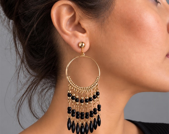 Clip On Black & Gold Tone Chandelier Hoop Earrings – Large Boho Statement Earrings – Non Pierced Earrings – 4" - 10cm