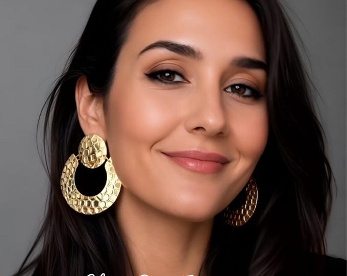 Gold Tone Textured Clip On Statement Hoop Disc Dangle Earrings - 2.75" - 7cm