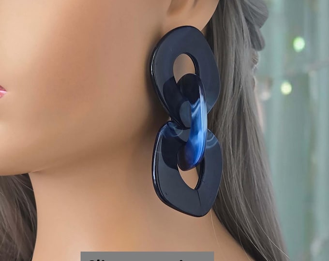 Big chunky CLIP ON drop earrings, 1 pair NAVY blue tone acrylic chain link drop earrings, Clip on or pierced - 3 lengths, Big long earrings