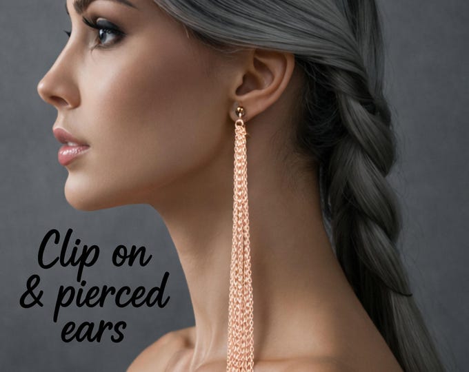 Rose Gold Tassel Earrings – Long Chain Drop Earrings – Clip On or Pierced  – Multiple Length Options