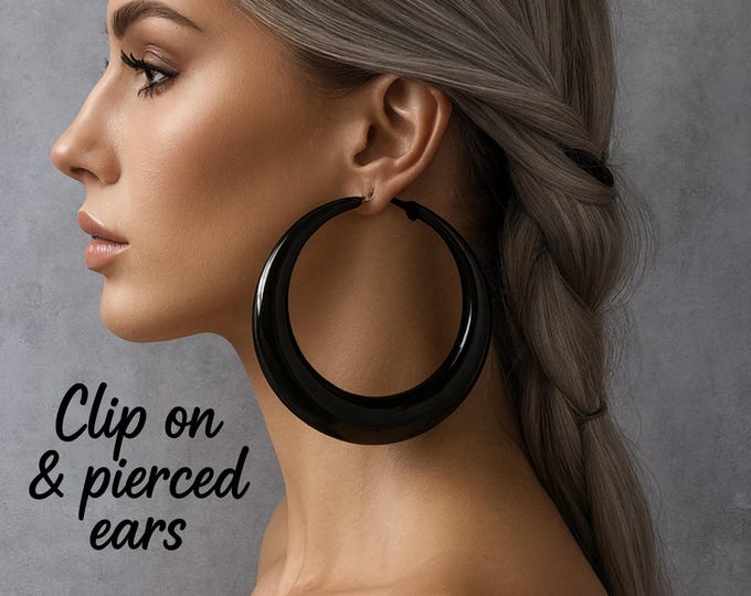 Giant Black Clip On Hoop Earrings • Big Oversized 3.5" Statement Earrings • Bold Fashion • Clip-On or Pierced Options