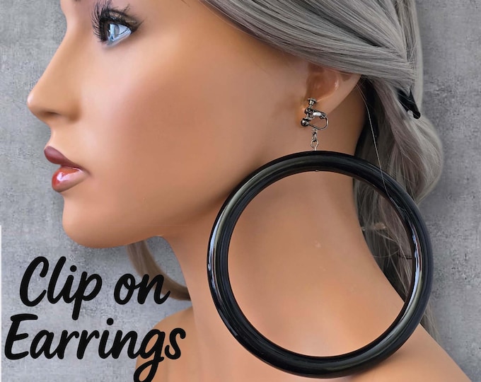 CLIP ON Hoop Earrings, Black Acrylic Hoop Earrings, 5" Oversized Drop Hoops for Non-Pierced Ears, Chunky Lightweight Statement Jewelry