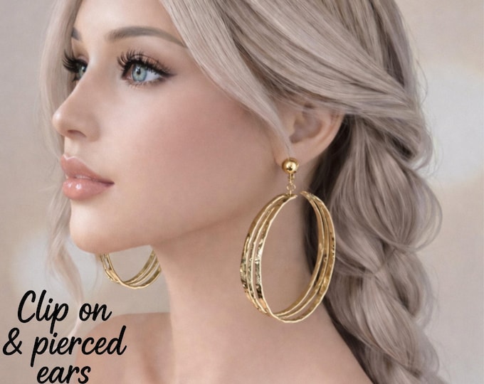 Gold Tone Clip On Hoop Earrings – Large Oversized C Textured Hoop Earrings – 3.5" - 9cm