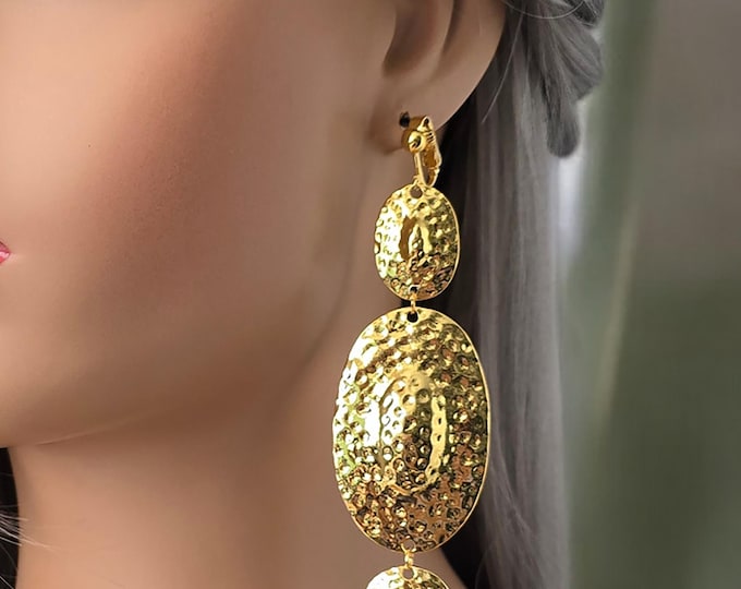 1 pair of gold tone CLIP ON drop earrings - 4.75" long layered patterned drop earrings for non pierced ears - ear clips - Big long earrings