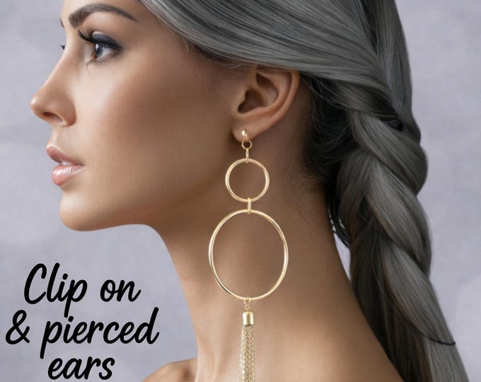 Gold Tone Double Hoop Tassel Earrings – Clip On or Pierced – 7.5" Long Statement Dangle Earrings