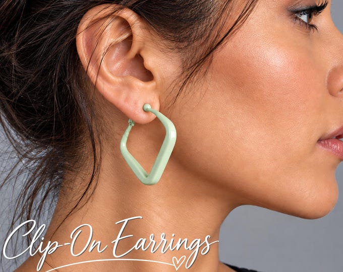 Clip On Pastel Square Hoop Earrings – Colourful Chunky Hoops  – Non Pierced Statement Earrings