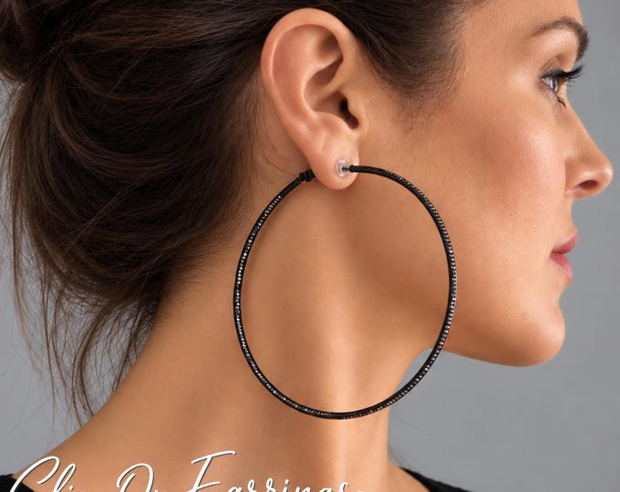 Black Rhinestone Clip On Hoop Earrings, Oversized Dark Grey Crystal Hoops, 3.75" - 9.5cm