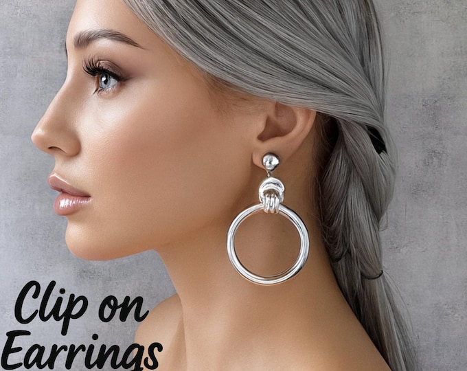 Lightweight Silver Tone Clip-On Drop Earrings • Long Statement Non-Pierced Drop Hoop Design