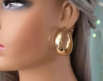 1 pair Gold or silver tone CLIP ON hoop earrings,  1.7" diameter plain wide flat tube hoop earrings, clip on or pierced option - slight 2nds