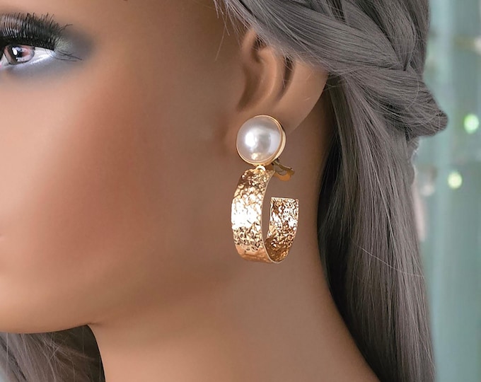 1 pair gold or silver tone CLIP ON hoop drop earrings - 1.75"  long stylish hoop drop & pearl stud top drop hoop earrings - Clip or pierced