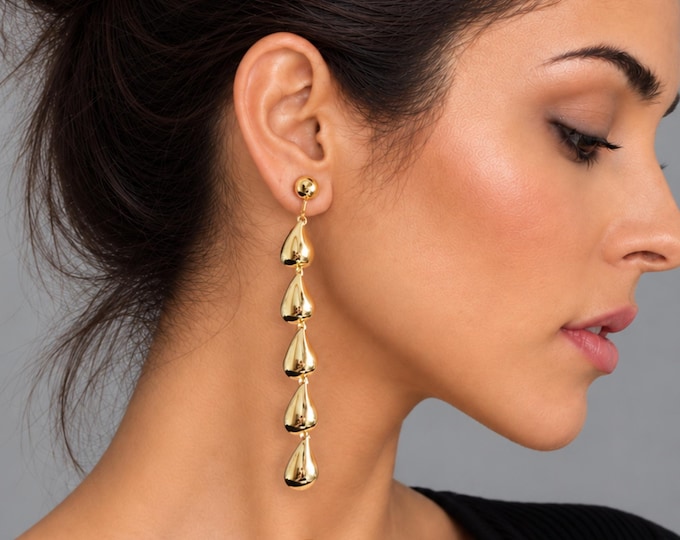 Clip On Gold Tone Teardrop Earrings – Long Statement Drop Earrings – Gold Dangle Earrings – Non Pierced Earrings – 3.75" - 9.5cm