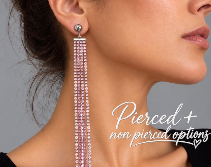Pink Rhinestone Clip On Earrings – Extra Long Crystal Tassel Earrings  – 7" – 18cm