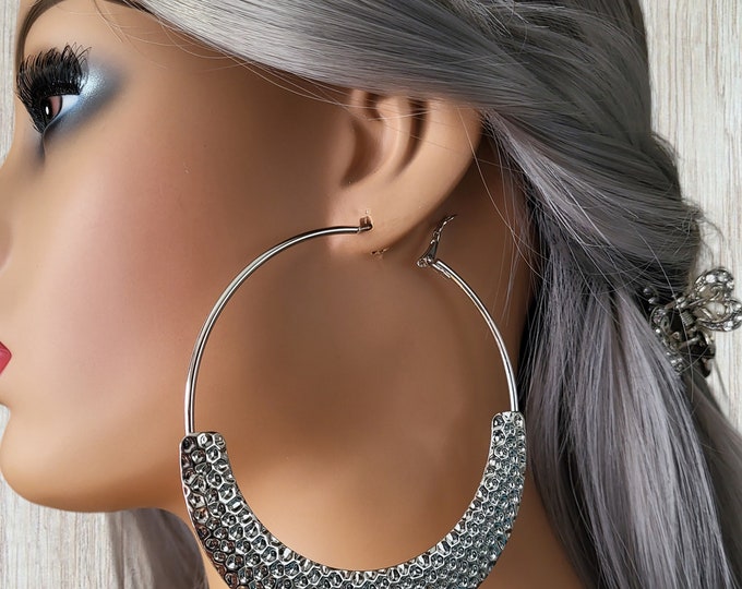 Big CLIP ON hoop earrings - 3.75" long gold or silver hoops with patterned bottom detail clip on or pierced option - Big statement hoops