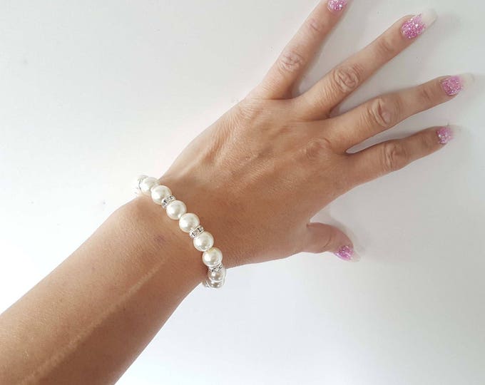 Gorgeous glass faux pearl bead & silver diamante rondelle elasticated bracelet, Available in 3 sizes
